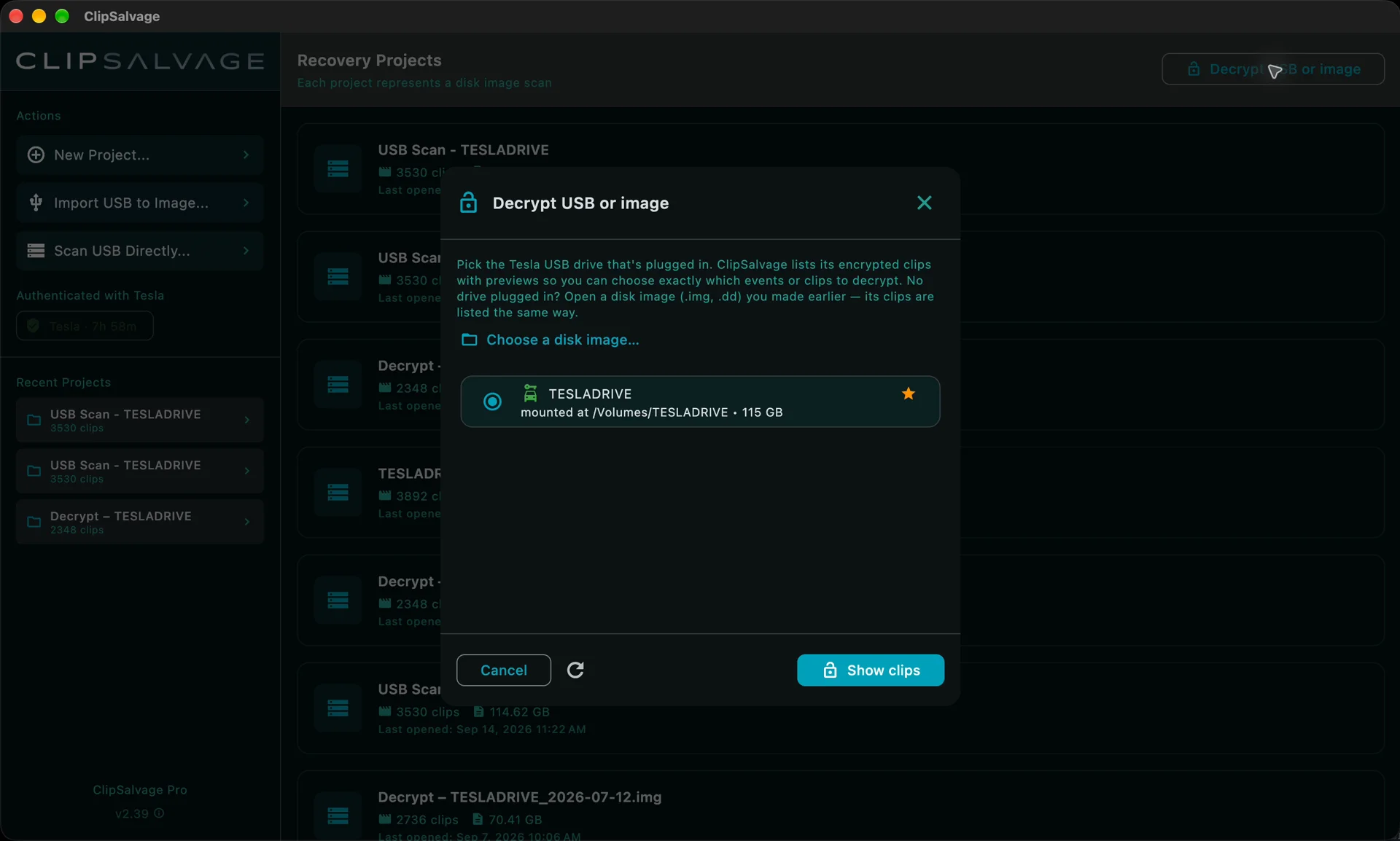 ClipSalvage's Decrypt USB or image dialog with the mounted TESLADRIVE USB selected, a Choose a disk image option, and the Show clips button.