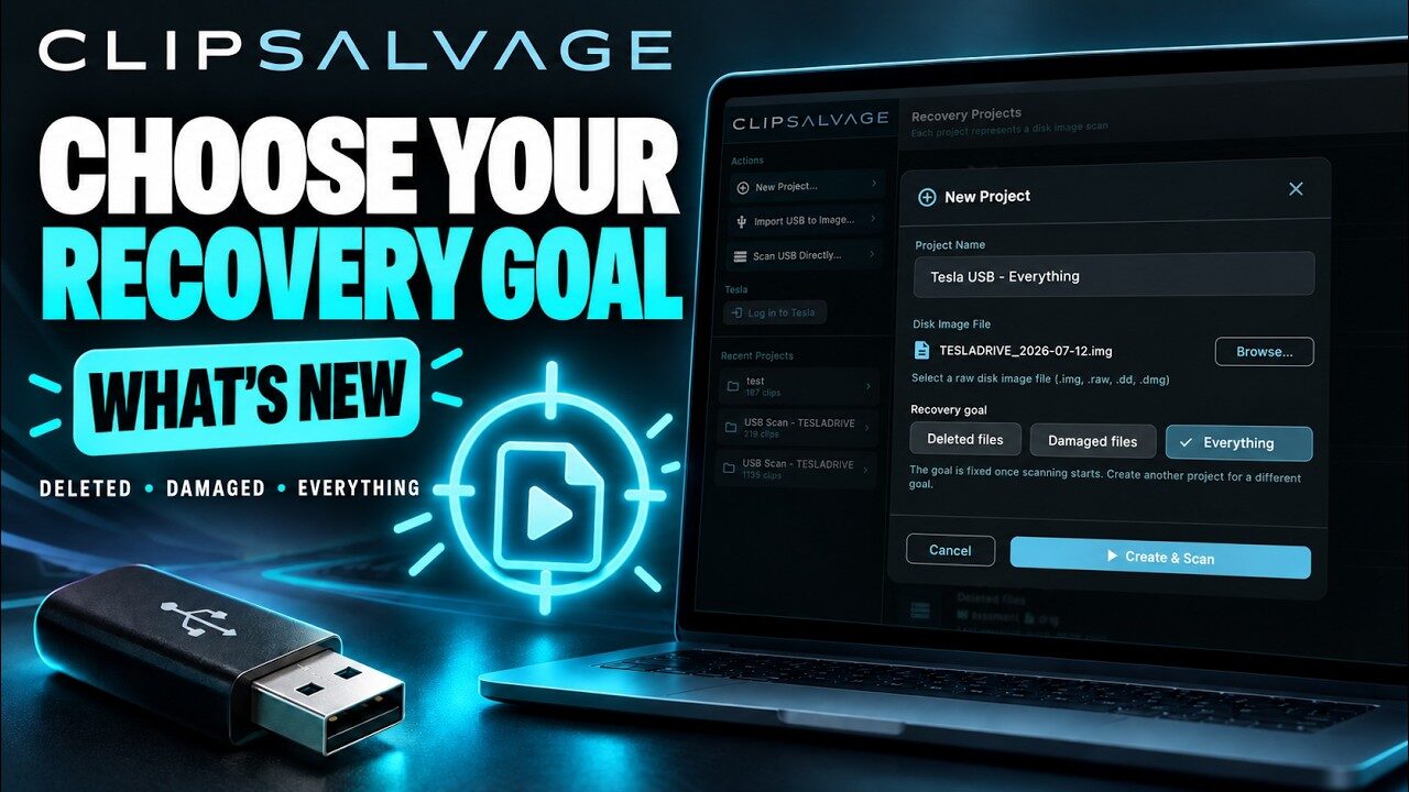 Miniature de la vidéo des nouveautés&nbsp;: «&nbsp;Choose Your Recovery Goal&nbsp;» (choisissez votre objectif de récupération) à côté de la boîte de dialogue «&nbsp;New Project&nbsp;» de ClipSalvage avec «&nbsp;Deleted files&nbsp;», «&nbsp;Damaged files&nbsp;» et «&nbsp;Everything&nbsp;»